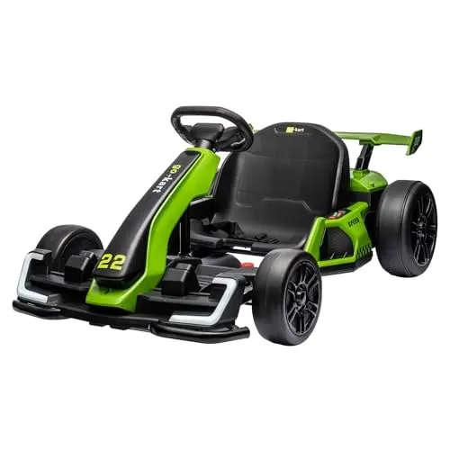 PALBY'S green electric go kart for kids with a multifunction steering wheel console.