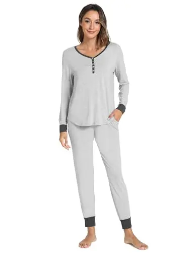 GYS women's bamboo viscose pajama set with henley top and jogger pants in Light Heather Grey