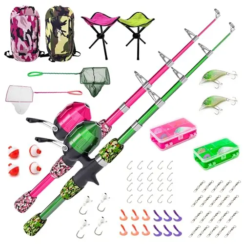 LANAAK camo pink and green kids telescopic fishing pole 2-pack