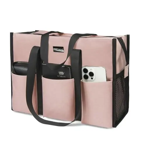 TOPDesign pink utility tote bag with multiple pockets standing upright