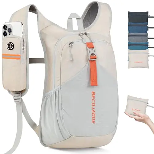 BECOJADDE 15L Small Hiking Backpack in beige with unique straps