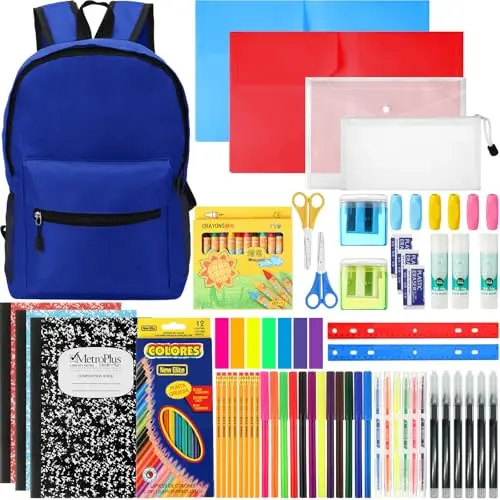 Gilprop school supplies kit with a blue backpack, pencils, notebooks, and folders
