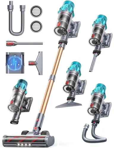Fieety gold cordless stick vacuum with charging dock on hardwood floor