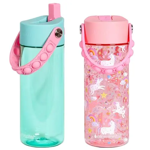 Elemental insulated kids water bottle 2-pack in pink unicorn and robins egg colors
