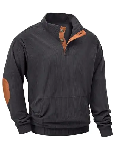 JMIERR Corduroy Henley Sweatshirt in Carbon Grey with suede accents and kangaroo pockets