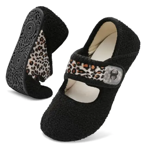 Scurtain black fleece sock slippers for men and women with adjustable strap and non-slip sole