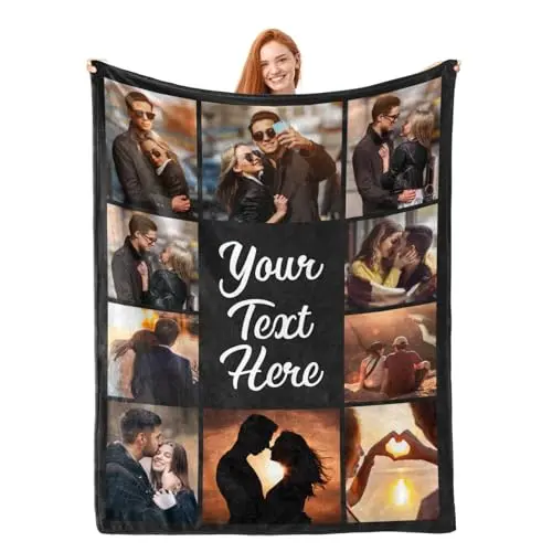 Personalized photo blanket with a family picture, draped over a couch