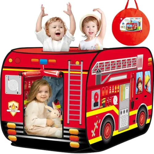 Red pop-up fire truck play tent for toddlers
