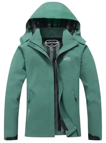 Women's simple, olive green rain jacket with a detachable hood on a hanger.