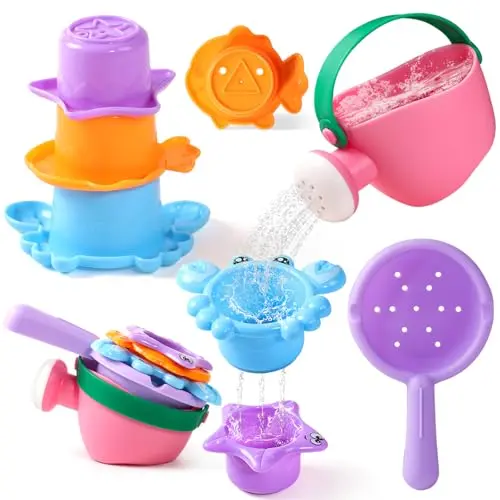 Fajiabao 5 piece mold-free bath toy set with stacking cups, bottle, and spoon