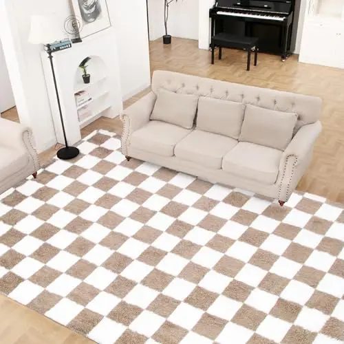 TOOHUB beige and white high-pile checkered shaggy rug in a bedroom