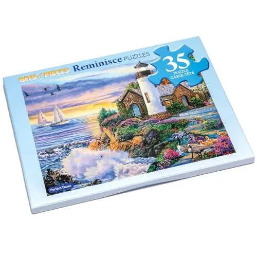 Bits and Pieces Perfect Dawn Puzzle depicting a lighthouse at dawn with sailboats