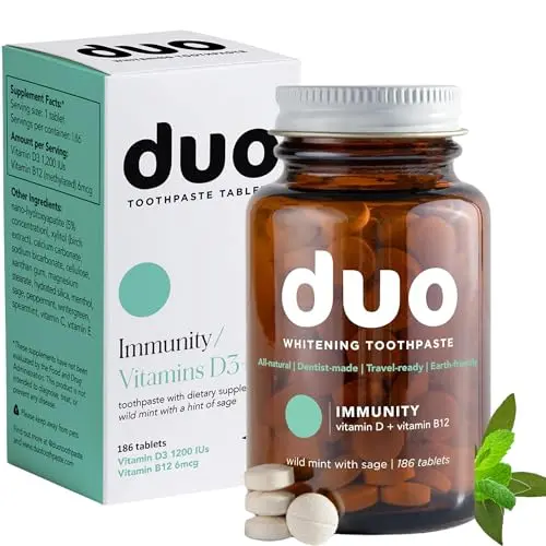 Duo Immunity Toothpaste Tablets in a glass bottle with wild mint and sage flavor