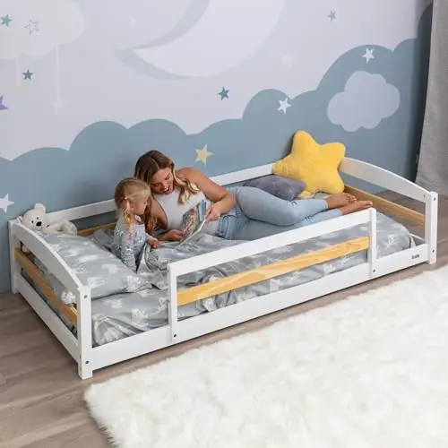 Ocodile white twin floor bed with full safety guardrails and two entry openings