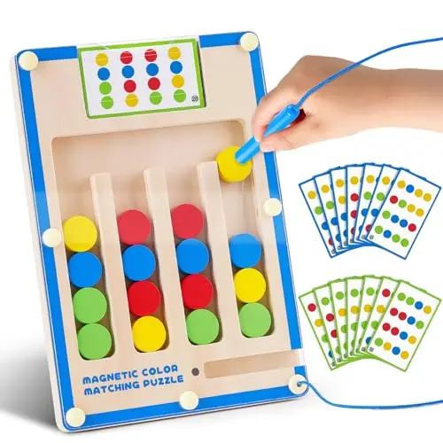 Wooden magnetic maze puzzle board with colored balls and cards