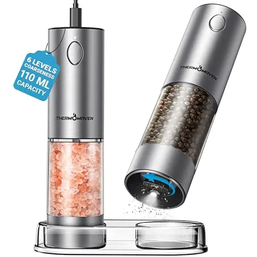 ThermoMaven Upgraded Electric Salt and Pepper Grinder Set in silver stainless steel
