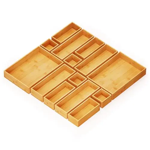 SpaceAid 14-piece bamboo drawer organizer set with rectangular bins