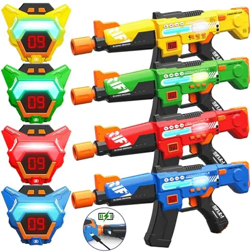 inodoo rechargeable laser tag set with four guns and LED digital vests.