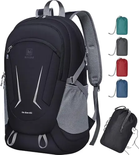 MIYCOO black 45L ultra lightweight packable backpack folded and unfolded