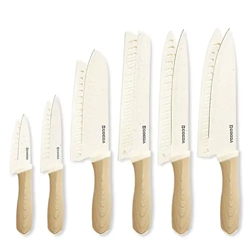 GOODA 12-piece white knife set with ceramic coating and blade guards