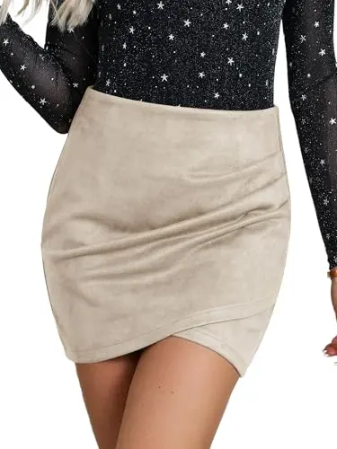 Ezcosplay Women High Waisted Faux Suede Ruched Wrap Mini Skirt in beige