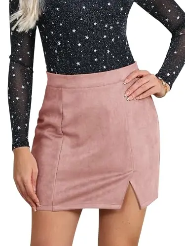 Ezcosplay Women Faux Suede Sexy Mini Skirt with slit in pink