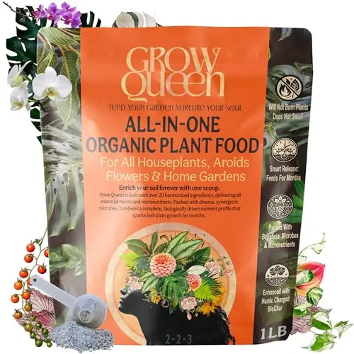 Grow Queen Organic Plant Food powder bag with scoop