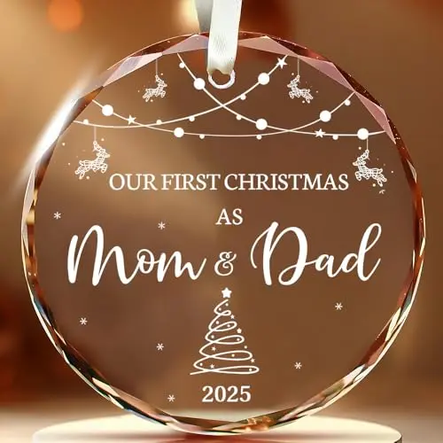 BSQUIELE clear glass Christmas ornament with 'Our First Christmas as Mom & Dad 2026' text