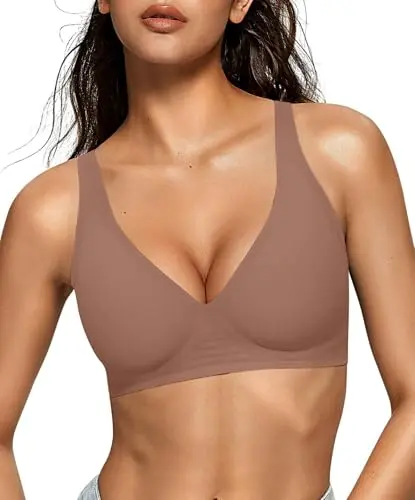 OEAK Women's deep V seamless wireless bra in coffee color