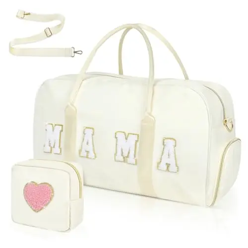 White duffle bag with 'MAMA' chenille embroidery and shoe compartment