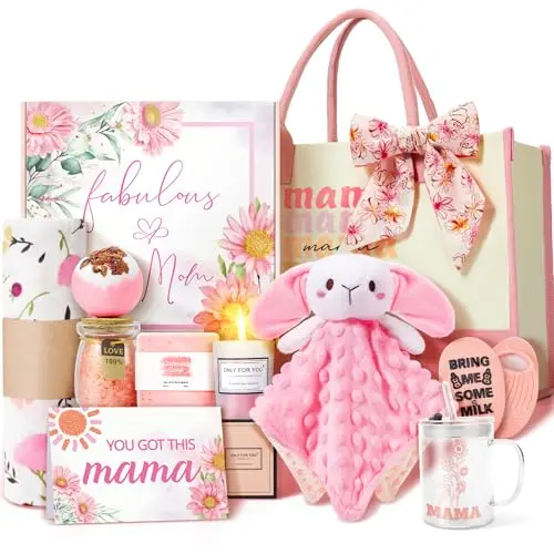 Baby Girl Gift Set with swaddle blanket, rattle, mom cup, and bath products image