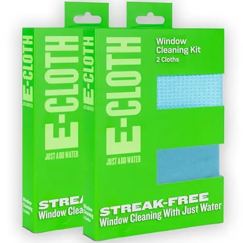 E-Cloth two-pack window cleaning kit with blue waffle-weave and polishing cloths