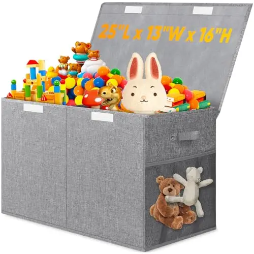 Gray linen fabric toy storage box with a flip-top lid, an internal Velcro divider, and side pockets