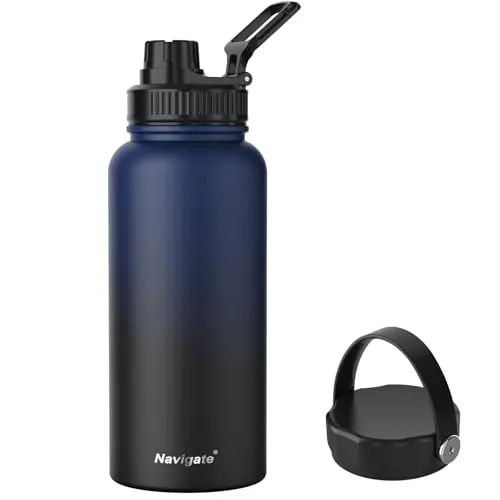 Navigate 32 oz double-walled insulated stainless steel water bottle with two lids in blue to black gradient