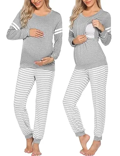 Ekouaer light grey striped nursing pajama set with a pull-aside nursing top and jogger-style pants.
