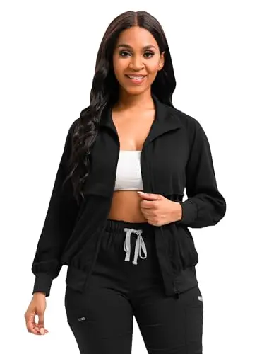 Scrubspro long sleeve medical scrub jacket with zippered pockets and elastic cuffs.
