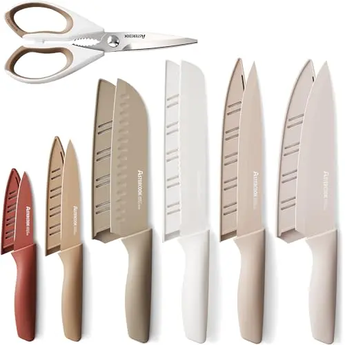 Astercook 13-piece knife set with white anti-rust coating and blade guards