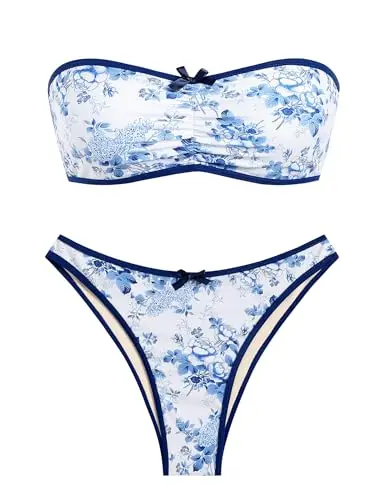 Zaful women's strapless bikini with openwork textured bow and leaves floral print in blue