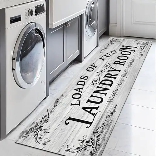 Lansny large light grey laundry room runner rug with text pattern