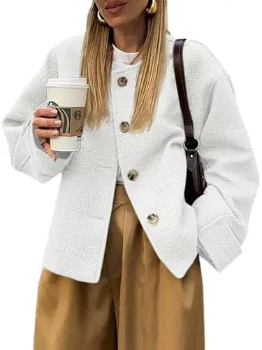 BZB Women's Fall Tweed Jacket in white with button closure and hidden pockets