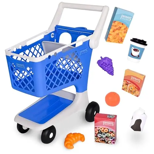 Sunny Days blue toy shopping cart with pretend food items like fruit and a pizza box.