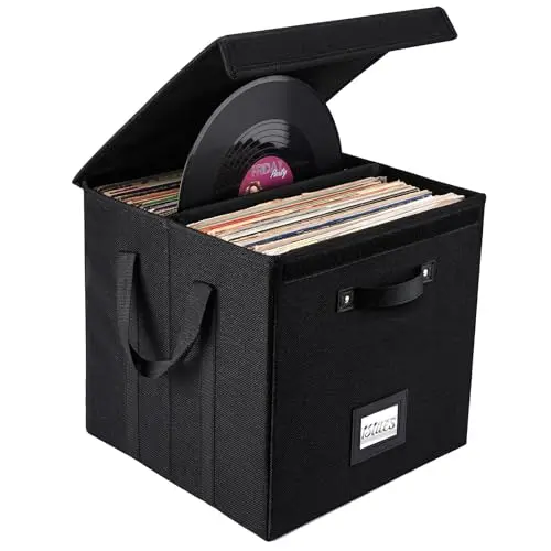 Homward black linen cube storage bin for vinyl records with a lid