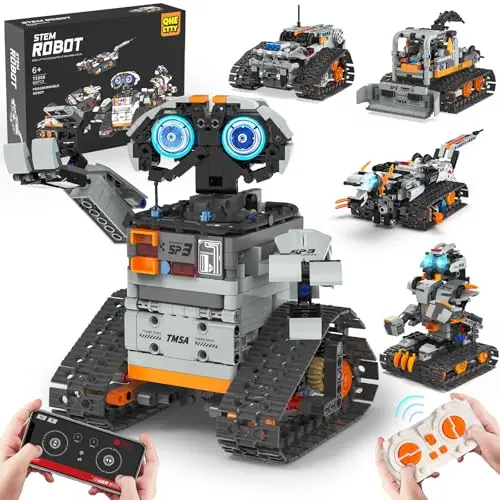 QHECTTY STEM robot building kit showing a dinosaur robot and remote control
