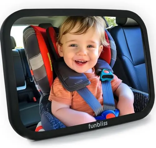 Funbliss black rectangular baby car mirror attached to a car headrest