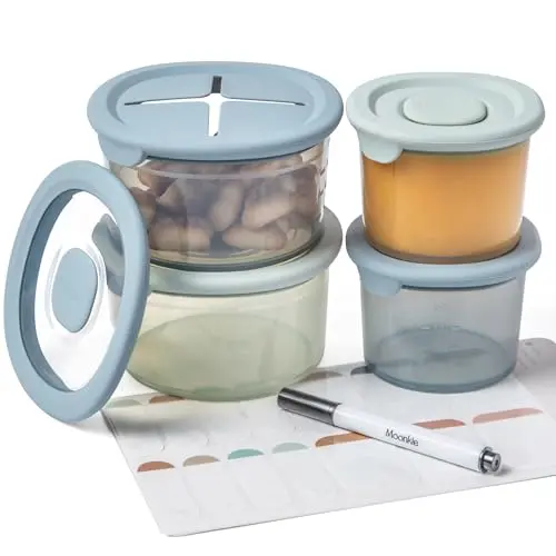 Moonkie silicone baby food containers in assorted colors with airtight lids
