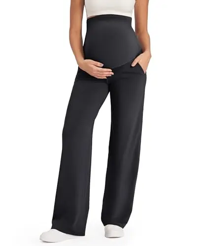 G4Free black wide-leg maternity yoga pants with a sleek, drapey fit and pockets