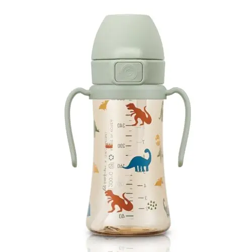 GROSMIMI flip-top sippy cup with dinosaur design and stage 2 straw