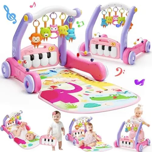 2-in-1 Baby Gym Play Mat with Kick Piano and Push Walker