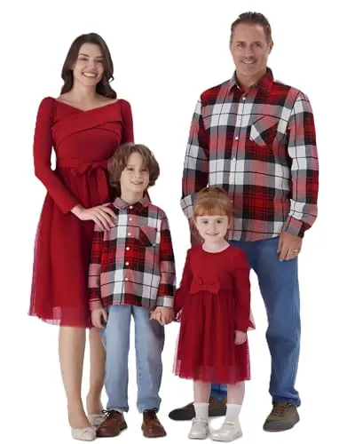 PATPAT burgundy off-shoulder dress for mom and plaid shirts for dad and son matching set