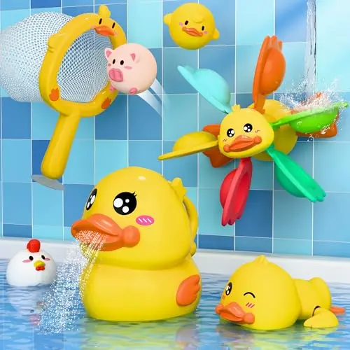 iPlay iLearn 7-piece duck-themed bath set with water spinner, wind-up duck, and net